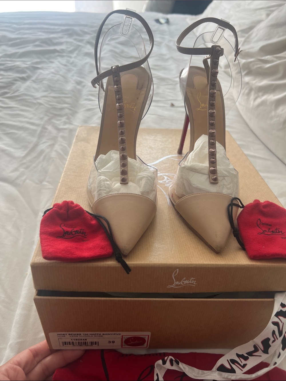 Christian Louboutin Beige and Clear T-Strap Pointed Heels with Red Soles